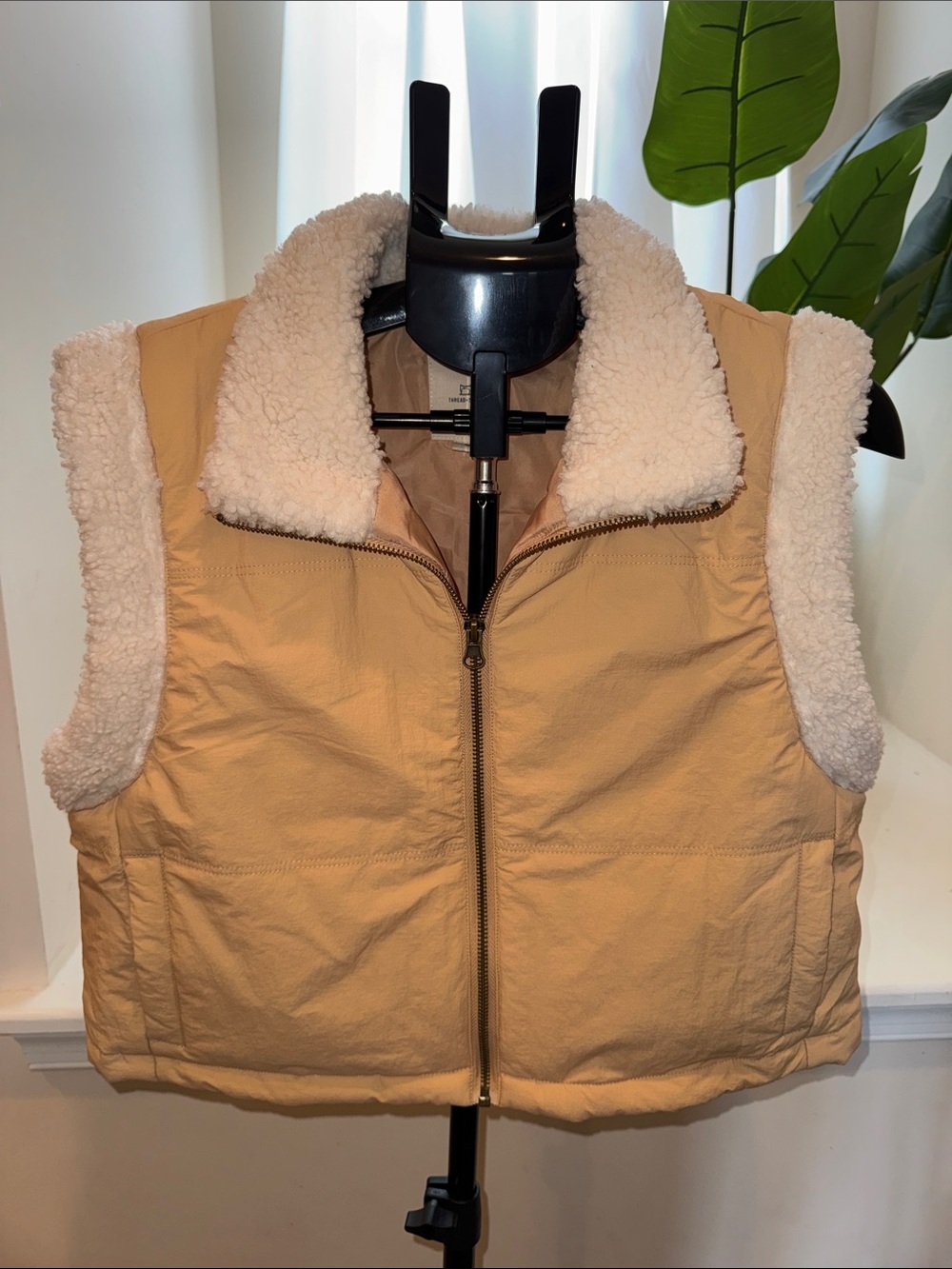 Thread & Supply Tan Sherpa-Trim Puffer Vest